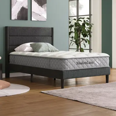 Oblazinjena postelja 90x200 cm, posteljni okvir z letvenim podnožjem in vzglavjem, siva.