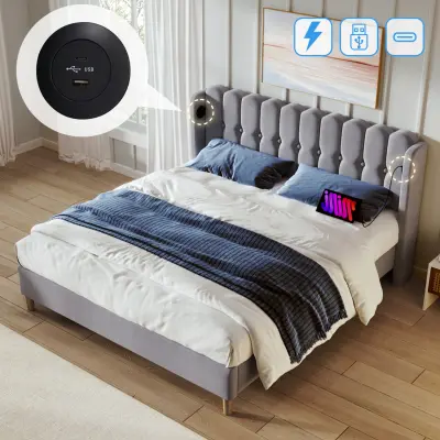 Siva oblazinjena zakonska postelja s polnjenjem USB-C, 140x200 cm postelja z letvenim okvirjem za spalnico/sobo za goste.