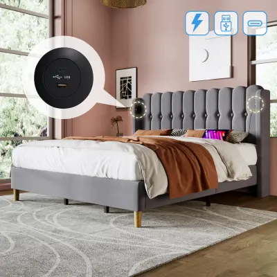 Siva oblazinjena zakonska postelja z USB-C polnjenjem, letveni okvir, 180x200 cm.