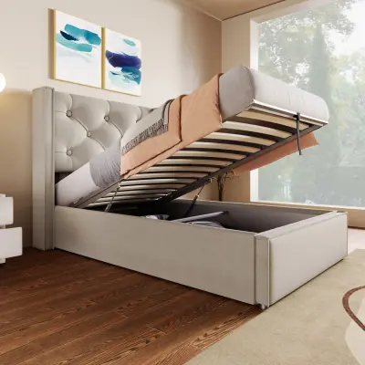 Hidravlična enojna oblazinjena postelja 90x200 cm, kovinski okvir, letveno dno, shranjevalni prostor, bombaž, svetlo siva.