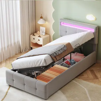 Oblazinjena otroška postelja 90x200 cm, LED osvetlitev, postelja s shranjevalnim prostorom, nastavljivo vzglavje, siva