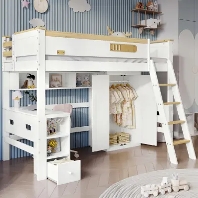 Pogradna postelja z mizo, omaro in prostorom za shranjevanje, bor/MDF, bela/naravna, 90x200 cm