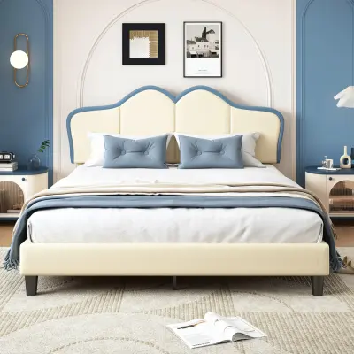 Oblazinjena otroška zakonska postelja, bela in modra, 140x200 cm