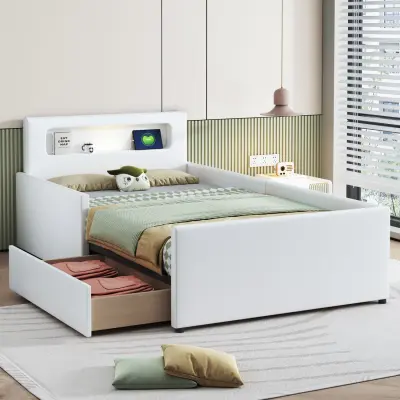 Oblazinjena otroška postelja 90x200 cm z nočno lučko, USB vhodom, predali za shranjevanje, bela