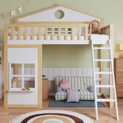 Pograd s stopnicami, zaščito pred padci, streho in oknom, bor + MDF, 90x200 cm