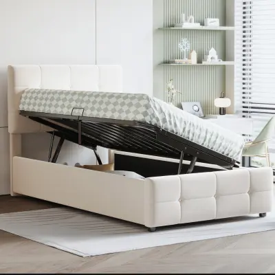 Oblazinjena otroška postelja 90x200 cm, s prostorom za shranjevanje, nastavljivo vzglavje, žamet, bež