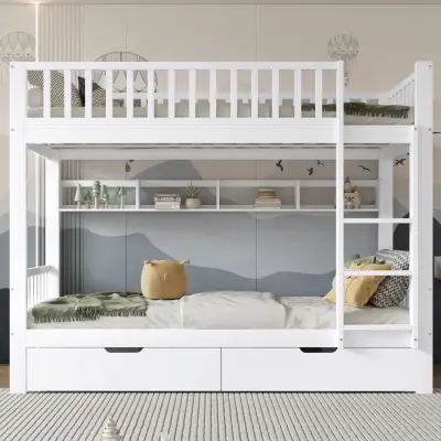 Pogradna postelja z lestvijo, policami, predali, borov les, bela, 90x200 cm