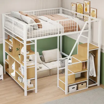 Večnamenska podstrešna postelja 140x200 cm, kovinska s prostorom za shranjevanje, polico in stopnicami, bela.