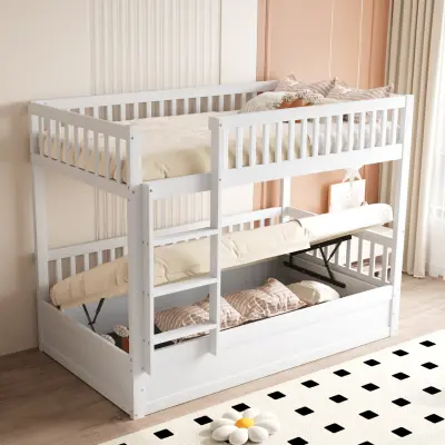 Otroška pogradna postelja 90x200 iz masivnega lesa s hidravličnim ležajem, robustna, bela.