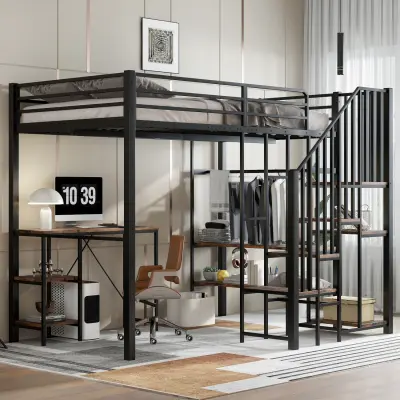 Železna pogradna postelja s prostorom za shranjevanje, mizo in omaro, 120x200 cm