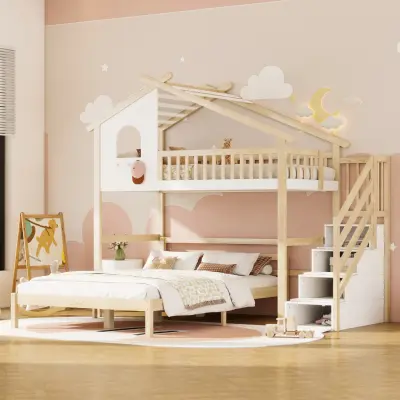 Podstrešna postelja 90x200 cm z lestvijo za shranjevanje, oknom in ograjo, bela/naravna