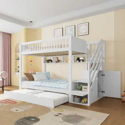 Pogradna postelja z izvlečnim ležiščem, polico, omaro in predalom za shranjevanje, 90x200 cm, bela