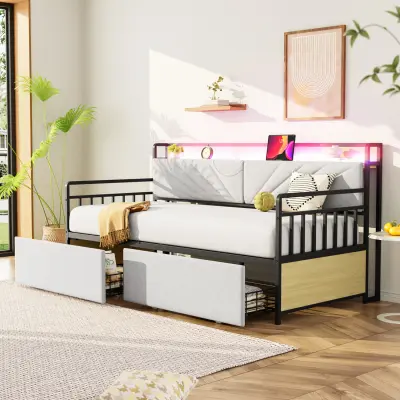 Železna sedežna garnitura 90x200 cm z LED osvetlitvijo, policami, predali in vtičnicami, otroška postelja, bež