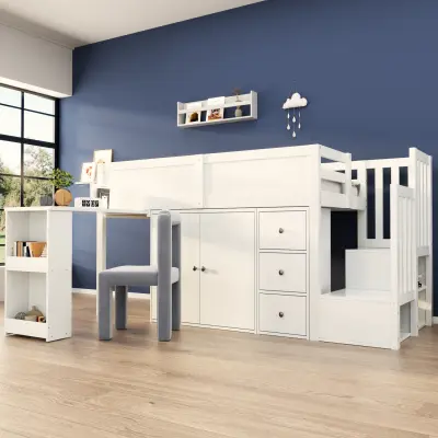 Otroška podstrešna postelja z mizo, omaro, predalom in stopnicami, bela
