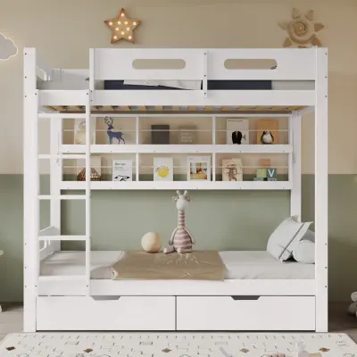 Pogradna postelja s prostorom za shranjevanje, bor + MDF, bela, 90x200 cm