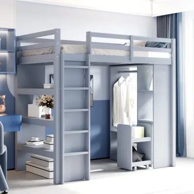 Otroška podstrešna postelja s policami, obešalniki za oblačila, predali za shranjevanje in organizatorjem, siva