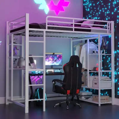 Pogradna postelja z lestvijo 90x200cm, enojna postelja z mizico, bela