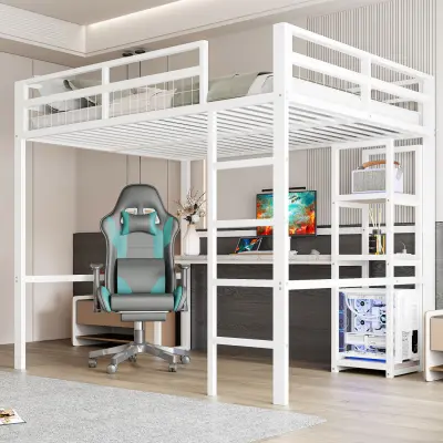 Podstrešna postelja 140x200cm, likalnik, z USB-C, pisalna miza, bela