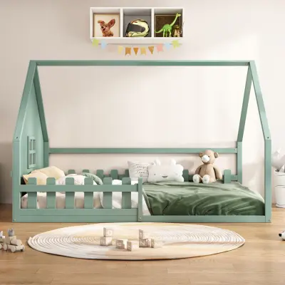 Otroška postelja z ravnim dnom 140x200cm, borov les, zelena