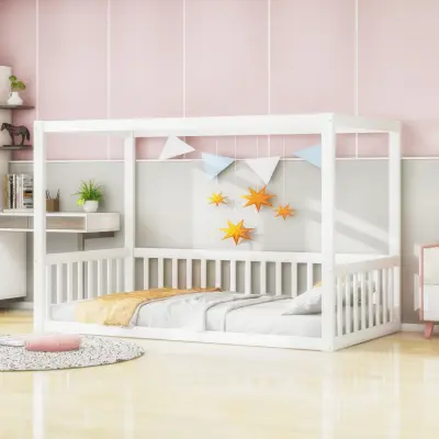 Otroška posteljica 90x200 cm, postelja z baldahinom iz masivnega lesa, bela