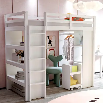 Otroška podstrešna postelja s policami, obešalniki za oblačila, predali za shranjevanje in vozičkom za organizacijo, bela.
