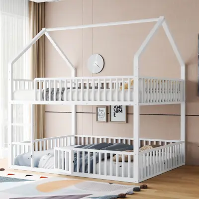 Otroška pogradna postelja 140*200, kovinska zakonska postelja s stopnicami in majhnimi vrati, bela