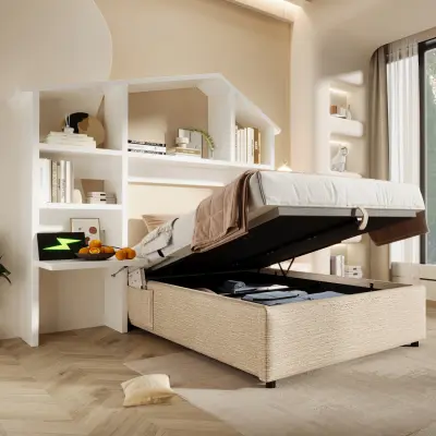 Otroška postelja 90x200 cm s polico, prostorom za shranjevanje in USB-C priključkom, naravna.