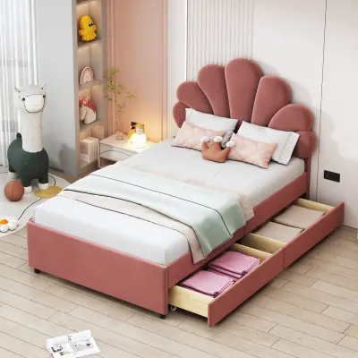 Otroška postelja z oblazinjenim žametom, roza, 90x200 cm, vzglavje s cvetličnim vzorcem, 2 predala za shranjevanje.