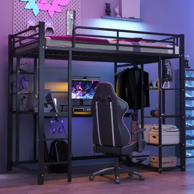 Pogradna postelja z lestvijo 90x200cm, enojna postelja z mizico, črna