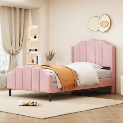 Oblazinjena postelja 90x200cm, roza žametna otroška/mladinski/gostovska postelja z vzglavjem in letvenim ogrodjem.