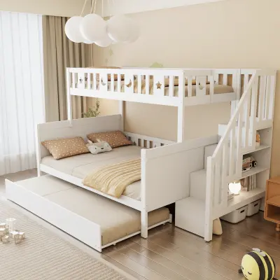 Otroška postelja 90x200/140x200cm, pograd iz masivnega lesa s stopnicami, zložljiva postelja, bela