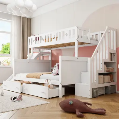 Otroška pogradna postelja s toboganom, polico, predali in letvenim dnom, bela