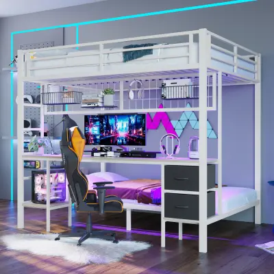 Podstrešna postelja z mizo, LED in USB, 90/140x200, bela