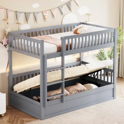 Otroška pogradna postelja 90x200 iz masivnega lesa s hidravličnim ležajem, robustna, siva.