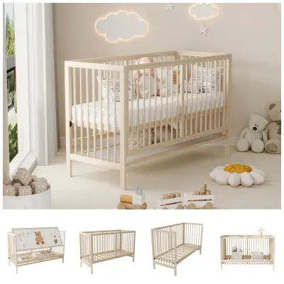 Večnamenska lesena otroška postelja, nastavljiva po višini, naravna smreka, 140x60x90cm