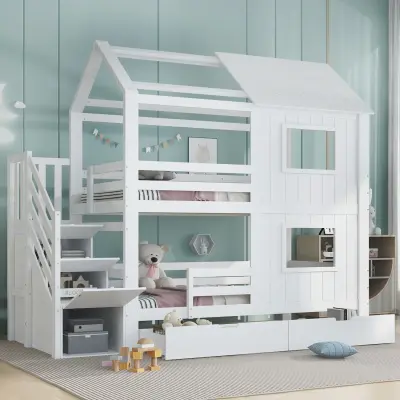 Pograd s stopniščem, omaro, oknom, streho in predalom, borovina/MDF, bela, 90x200 cm