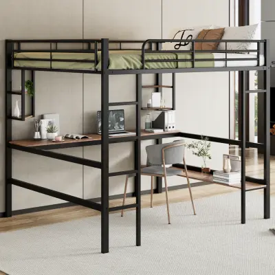 Kovinska podstrešna postelja 140x200 cm z mizo in policami, črna