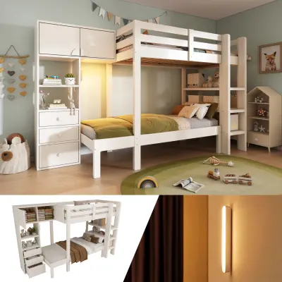 Pogradna postelja 90x200 cm z nočno lučko, omaro, polico in predali, bela