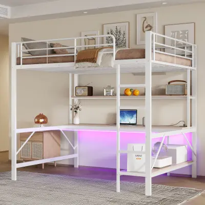 Kovinska podstrešna postelja 140x200cm z LED, USB, vtičnico, mizo in polico, bela