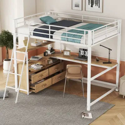Podstrešna postelja 140x200cm, železno ogrodje, s predali, pisalna miza v obliki črke L, bela (brez vzmetnice)