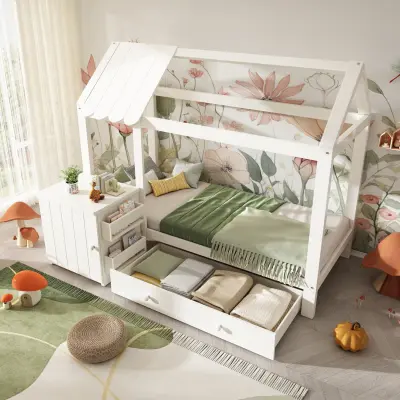 Postelja za hišo, otroška postelja 90x200 masivni les s predali in nočno omarico - talna postelja bela