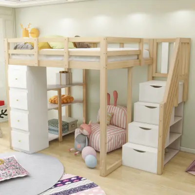 Podstrešna postelja 140x200 cm s shrambo, komodo, policami in lestvijo. LDB00278AAN