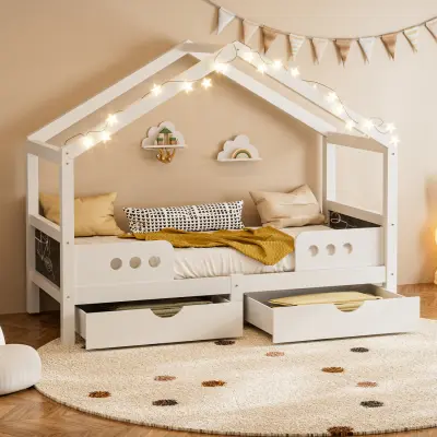 Otroška postelja s streho, 2 predala, les+MDF, UV lak, do 120 kg, 90x200 cm