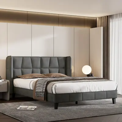 Siva žametna oblazinjena postelja 140x200 z letvenim ogrodjem in vzglavjem, otroška postelja, enostavna montaža.