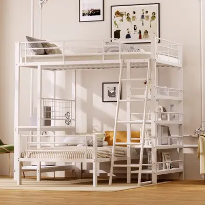 Kovinska pogradna postelja 90x200 s policami, bela