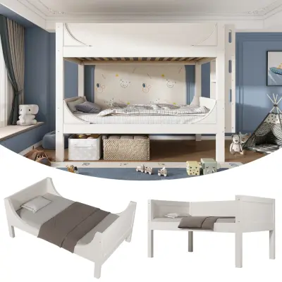 Ločljiva pogradna postelja 90x200 cm, oblika sani, bela, možnost 2 enojnih postelj