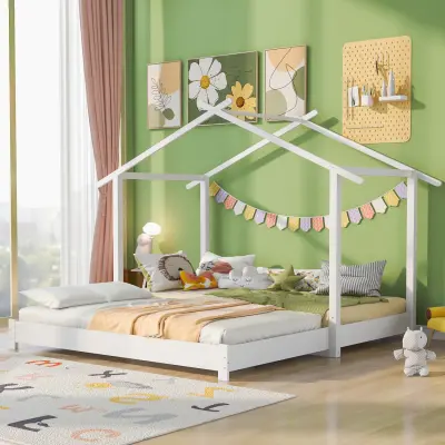 Postelja za hišo 90/180x190cm otroška postelja iz masivnega lesa, ki se lahko raztegne, z letvicami, bela