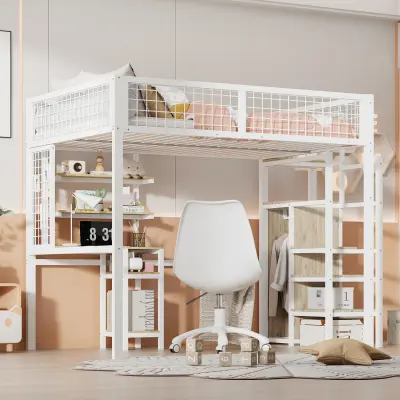 Podstrešna postelja 140x200 z lestvijo, omaro in mizo, bela