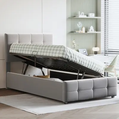 Oblazinjena otroška postelja 90x200 cm, postelja z odlagalnim prostorom, nastavljivo vzglavje, žamet, siva