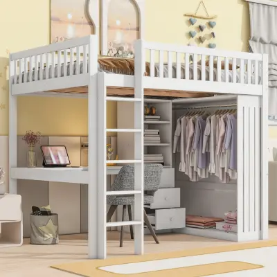 Podstrešna postelja z omaro, pisalno mizo in stopnicami, 140x200 cm, bela